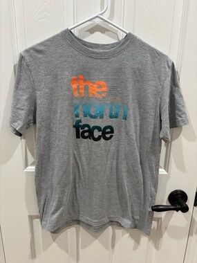 Boys The North Face Gray Graphic Tee with Orange and Teal Logo